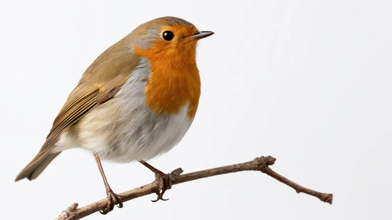 European robin perched upright on a small bare wooden branch