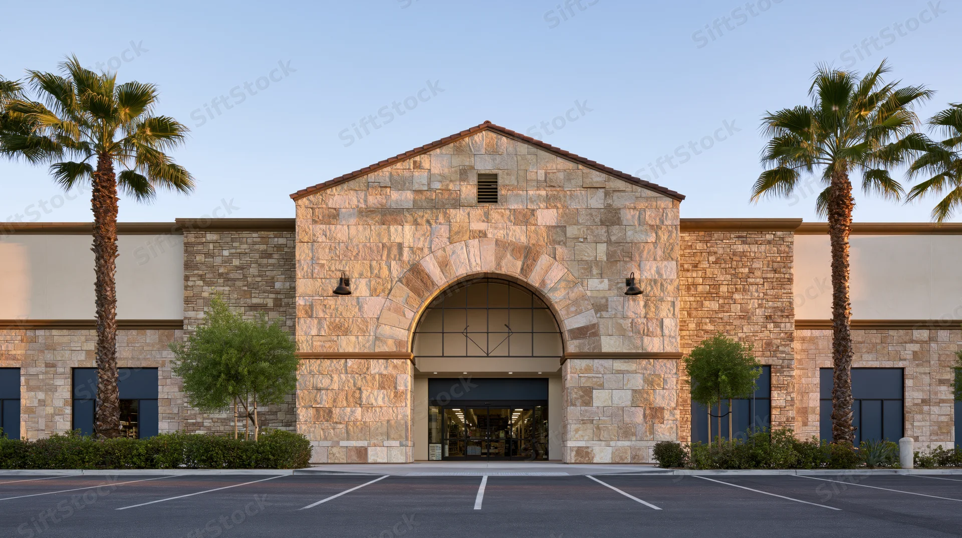 Stone facade of a home goods retail store entrance with palm trees and parking lot