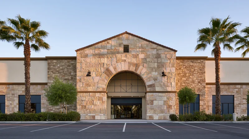 Stone facade of a home goods retail store entrance with palm trees and parking lot