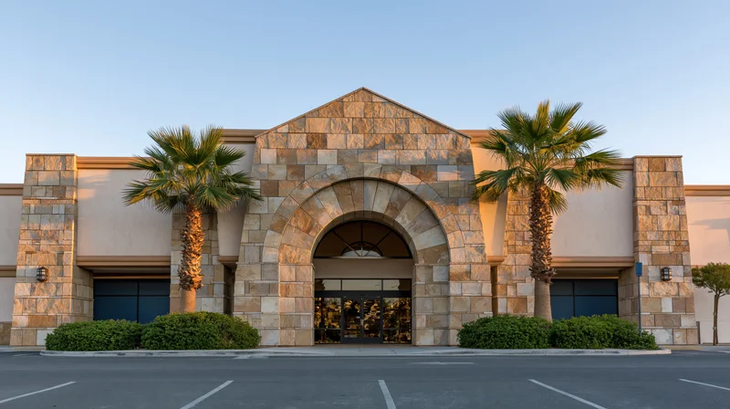 Stone facade of a home goods store entrance with palm trees and parking lot
