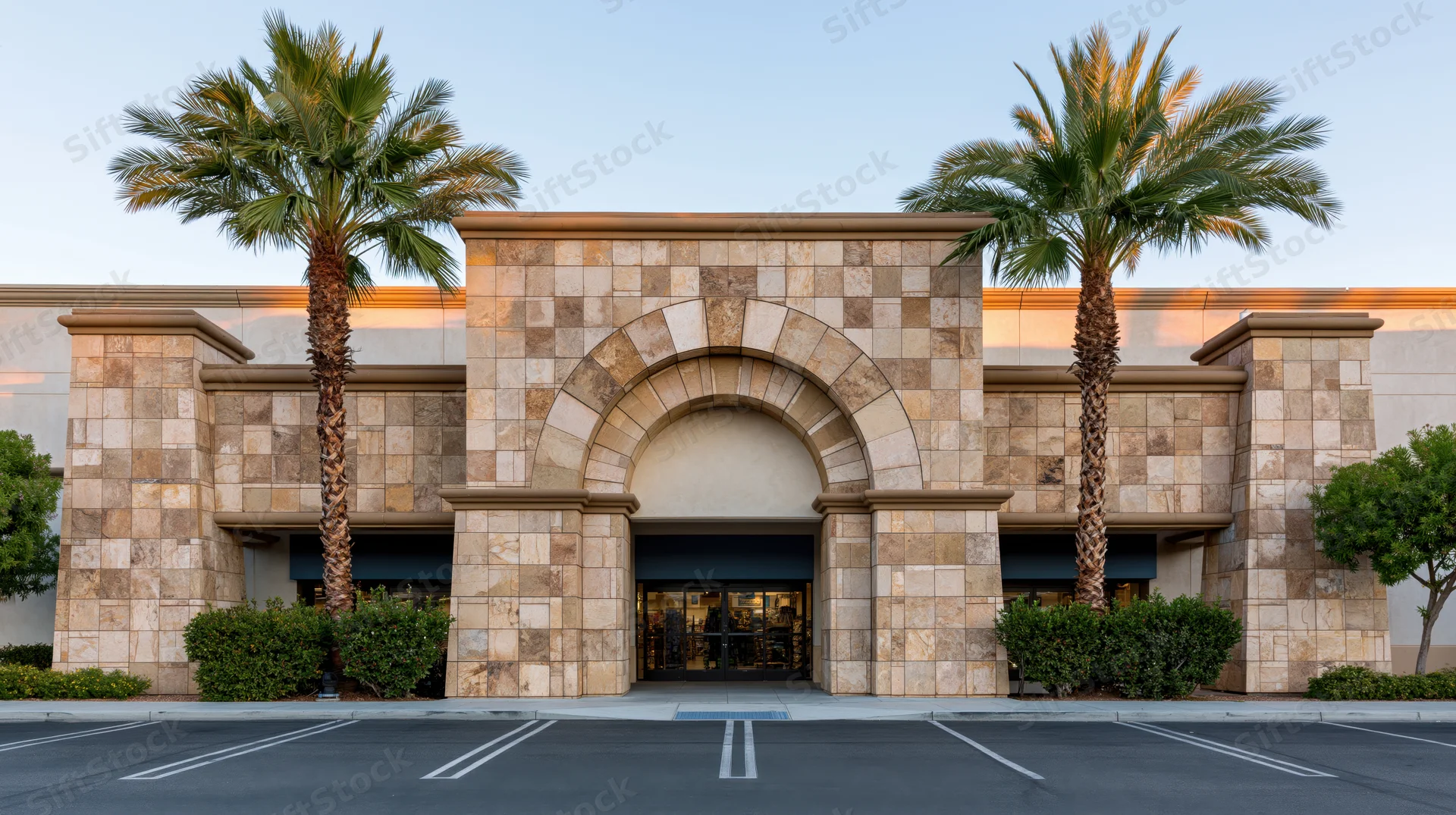 Arched stone entrance of a home goods store with palm trees and parking lot in front