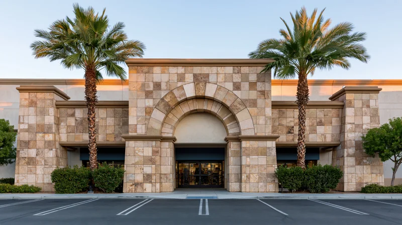 Arched stone entrance of a home goods store with palm trees and parking lot in front