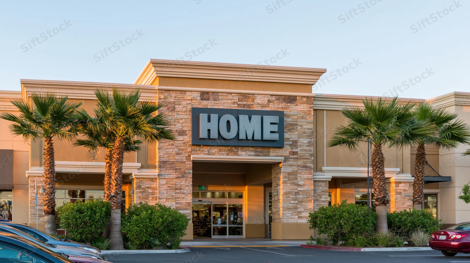 Exterior facade of a home goods retail store with palm trees and parking lot