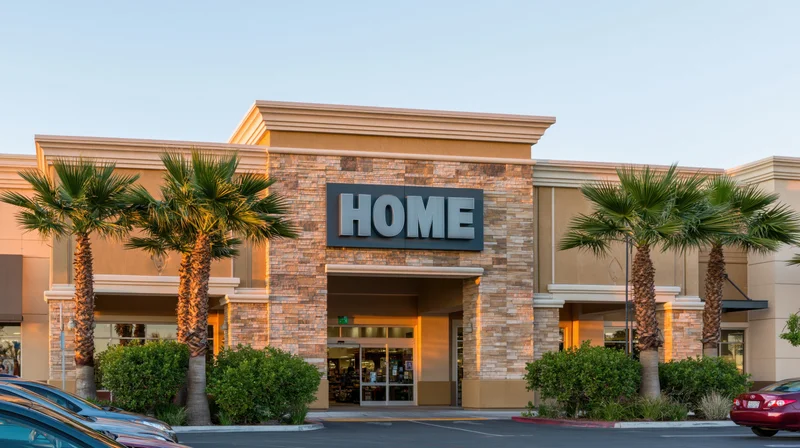 Exterior facade of a home goods retail store with palm trees and parking lot