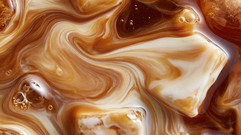 Extreme close-up of iced coffee with cream swirling in rich brown and white patterns