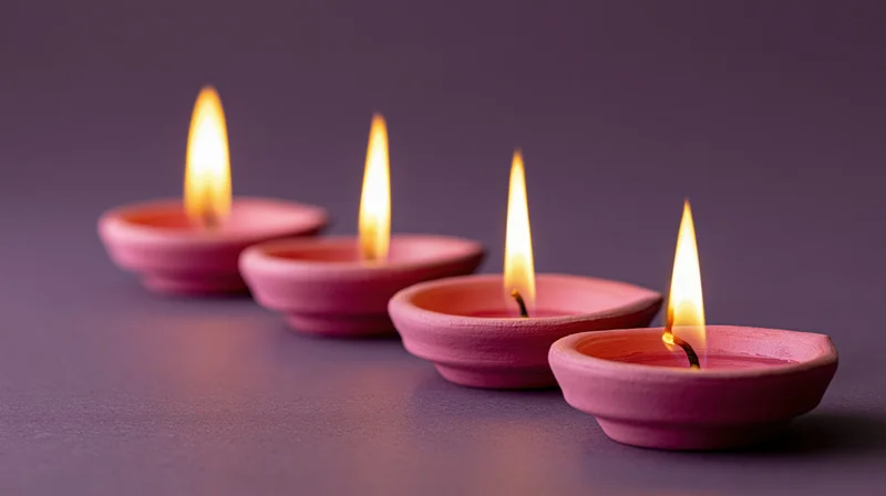 Five lit pink clay diya oil lamps arranged in diagonal row on dark surface