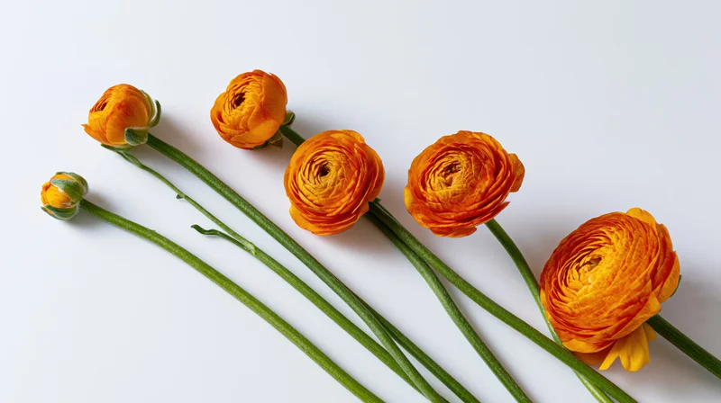 Five orange ranunculus flowers arranged diagonally on a white background