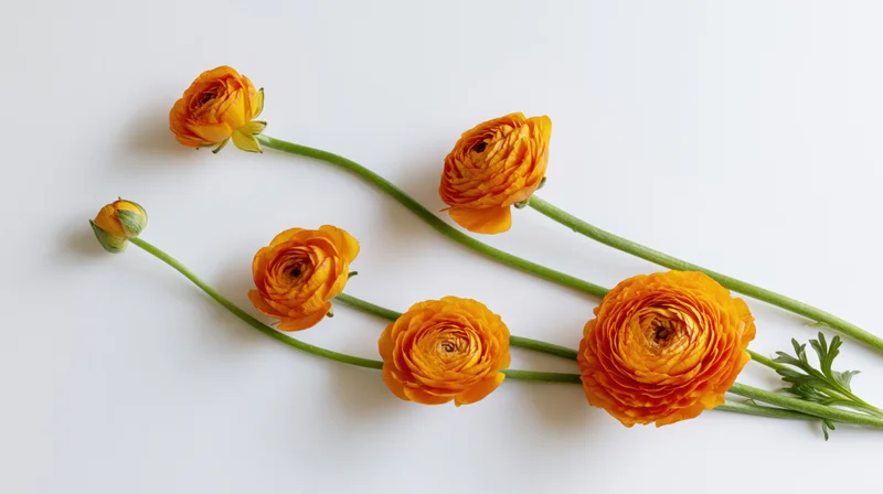 Five orange ranunculus flowers arranged diagonally on a white surface
