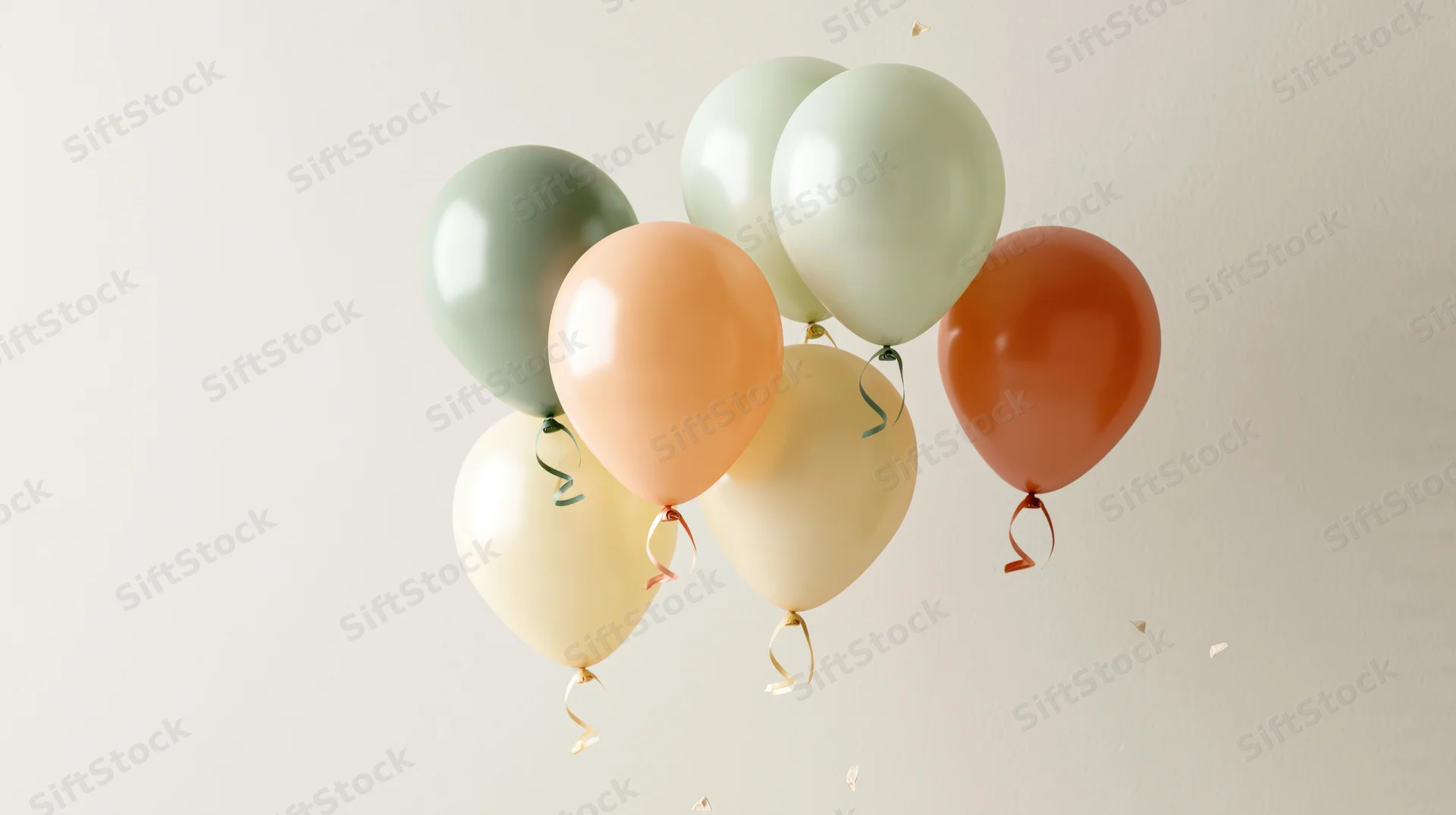 Pastel balloons floating in a cluster against a plain white wall with scattered confetti