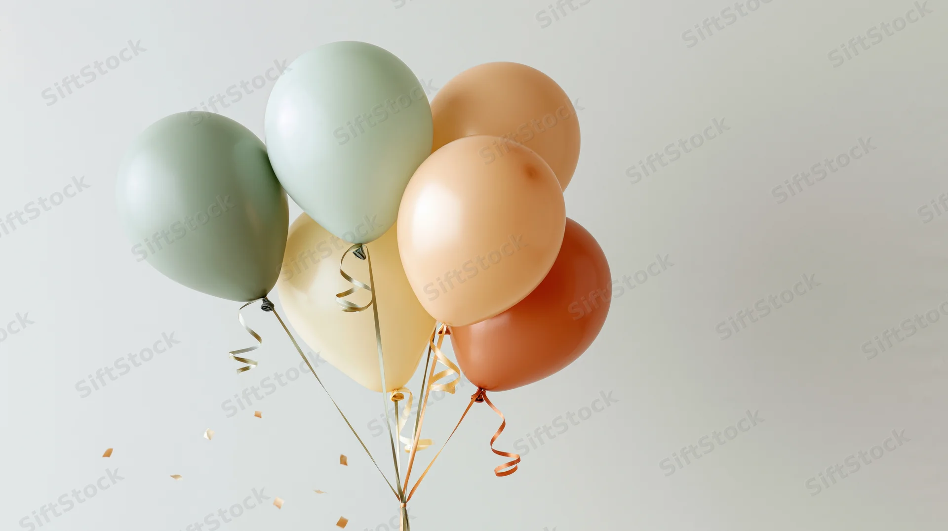 Pastel balloons clustered together floating with confetti against a plain white background