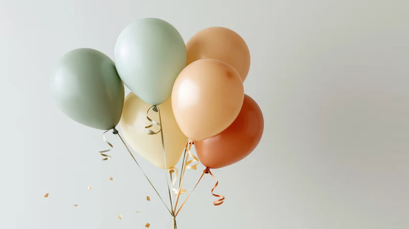 Pastel balloons clustered together floating with confetti against a plain white background