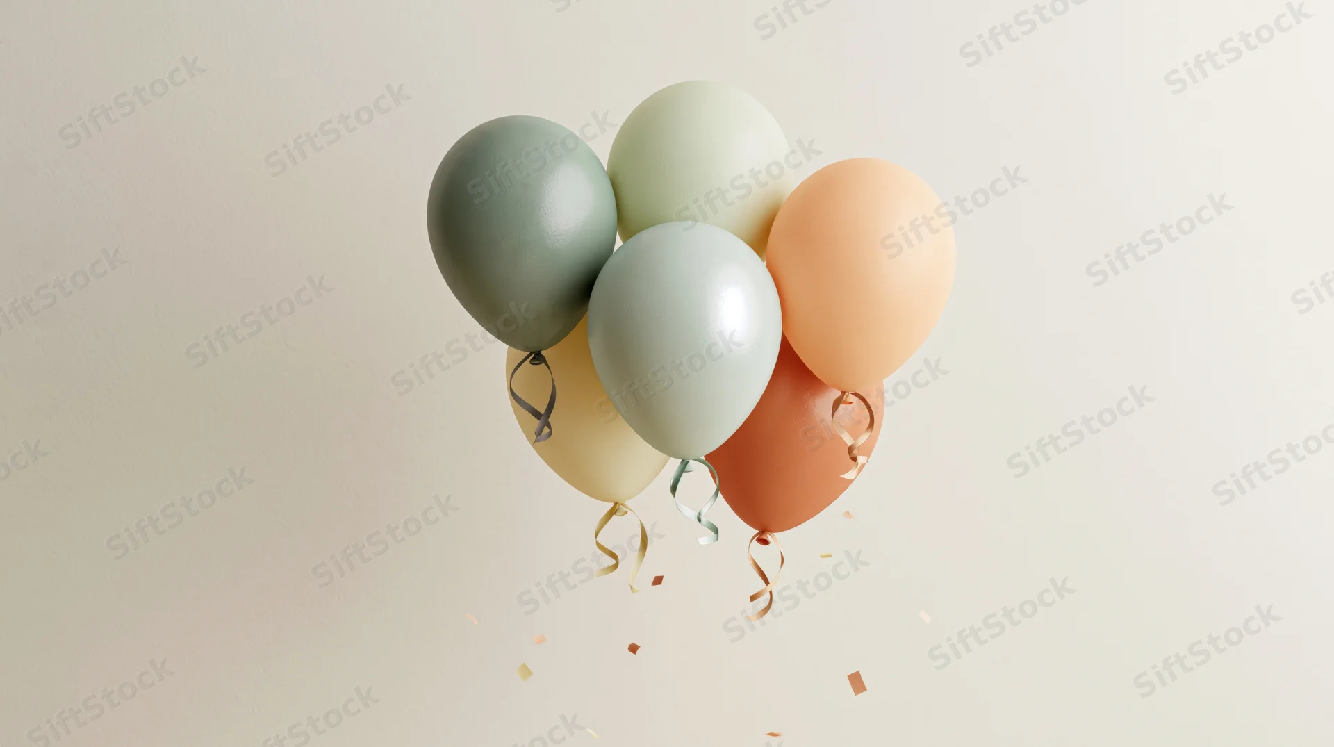 Pastel balloons floating in a cluster with confetti against a neutral background