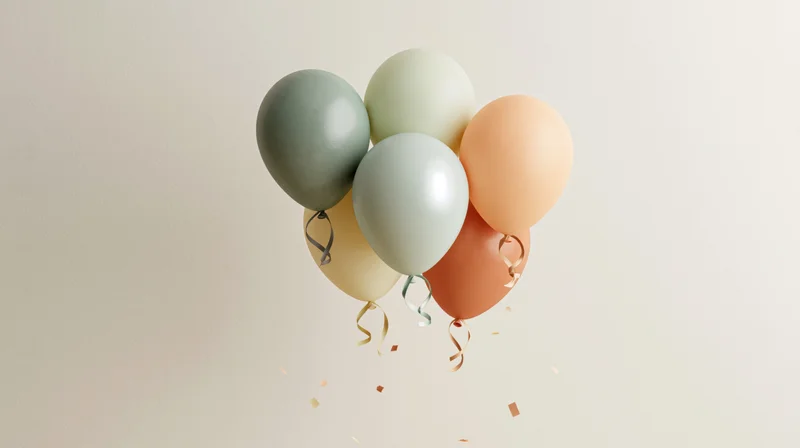 Pastel balloons floating in a cluster with confetti against a neutral background