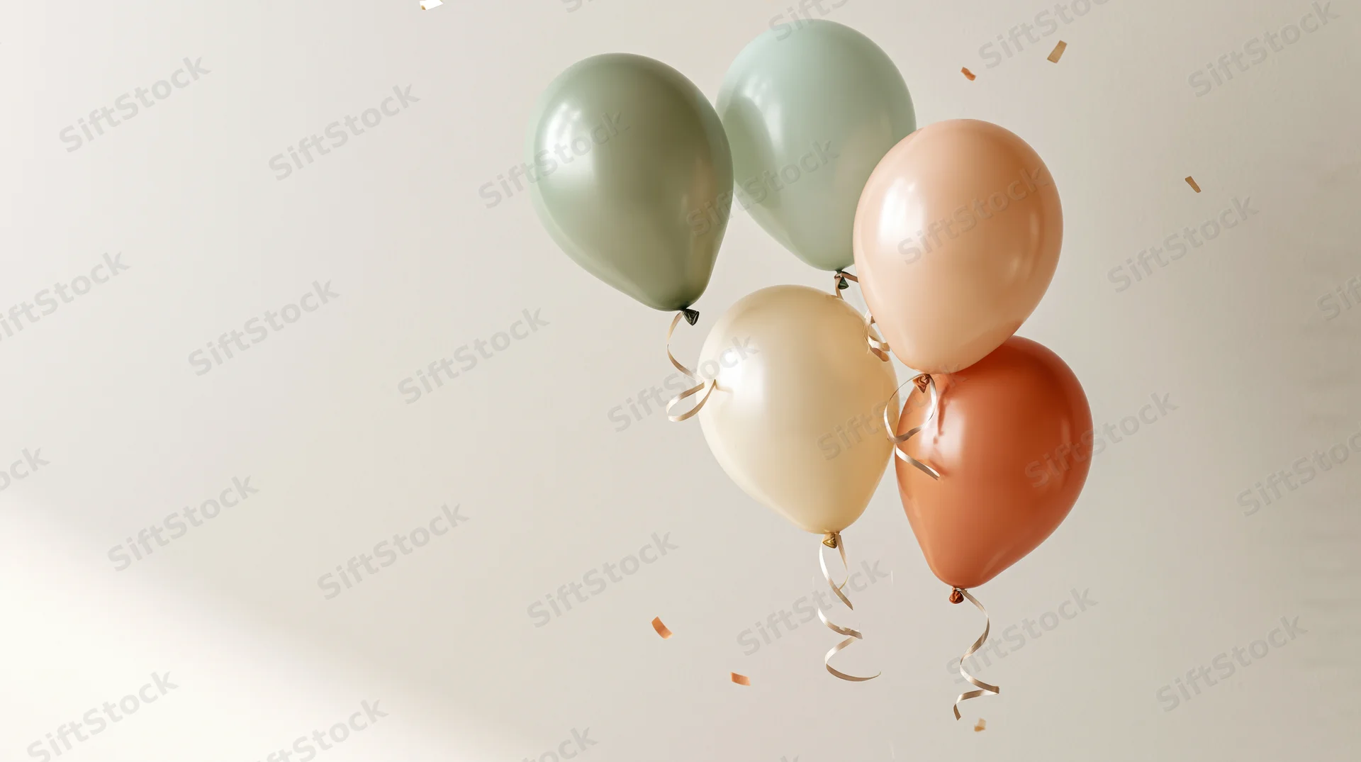 Five pastel balloons floating in a cluster with confetti and ribbons against a light background