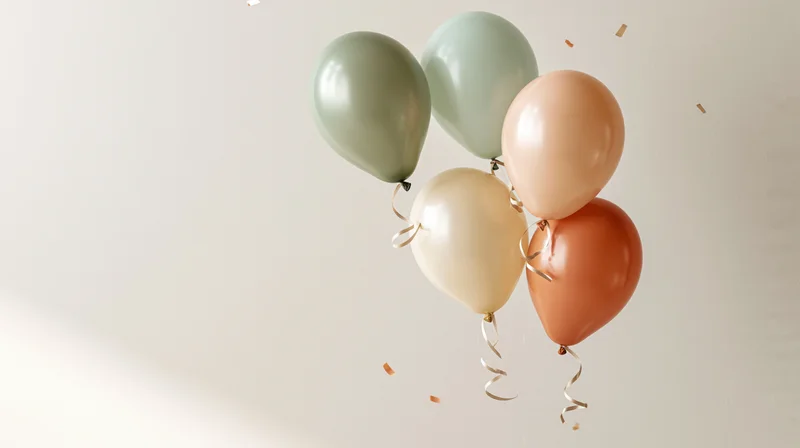 Five pastel balloons floating in a cluster with confetti and ribbons against a light background