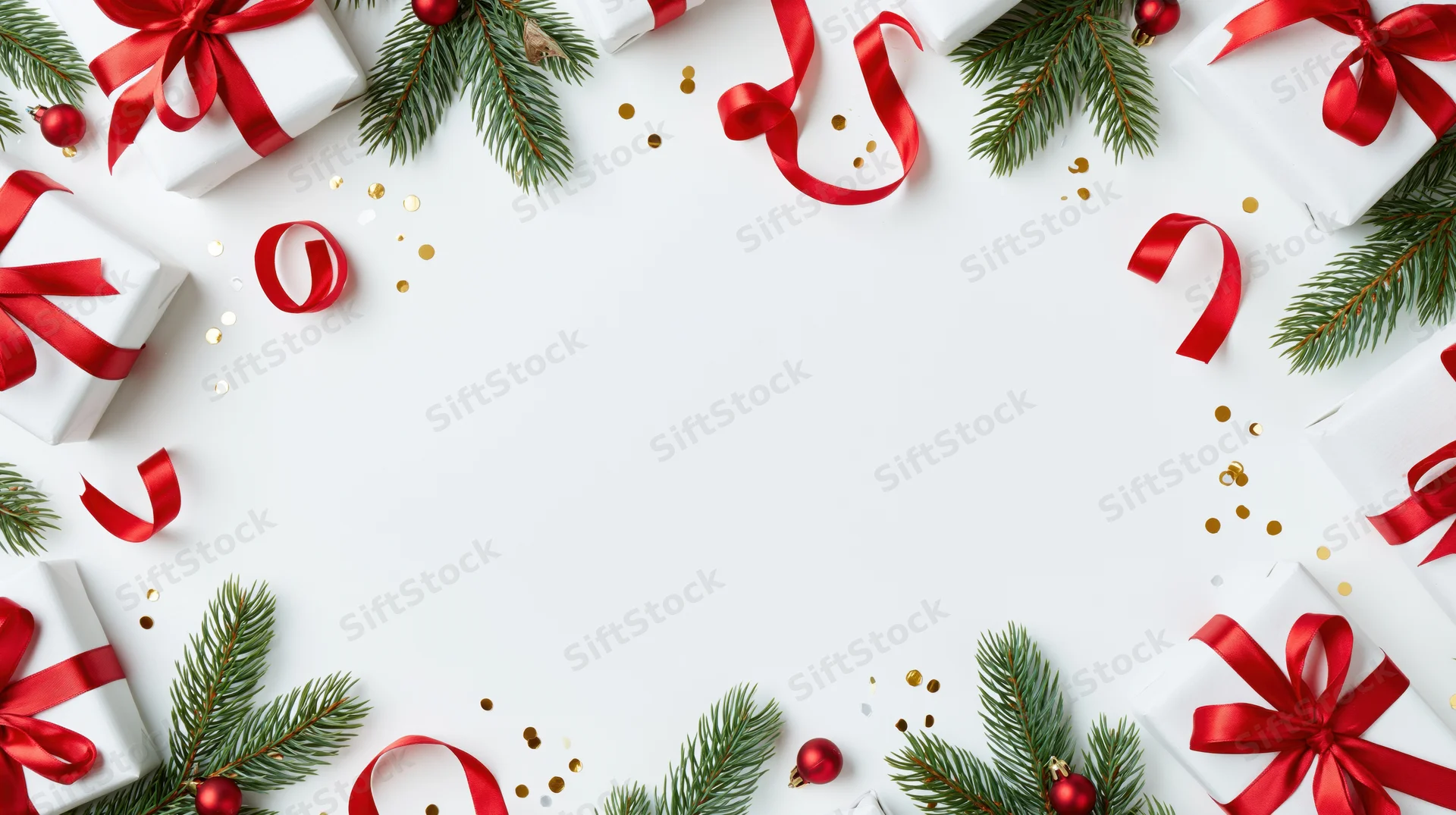 Christmas border frame with wrapped gifts, pine branches, red ribbons and gold confetti on white background