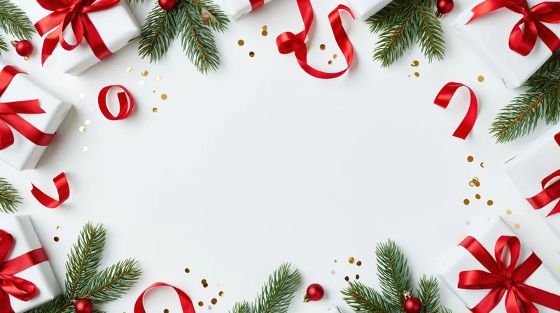 Christmas border frame with wrapped gifts, pine branches, red ribbons and gold confetti on white background