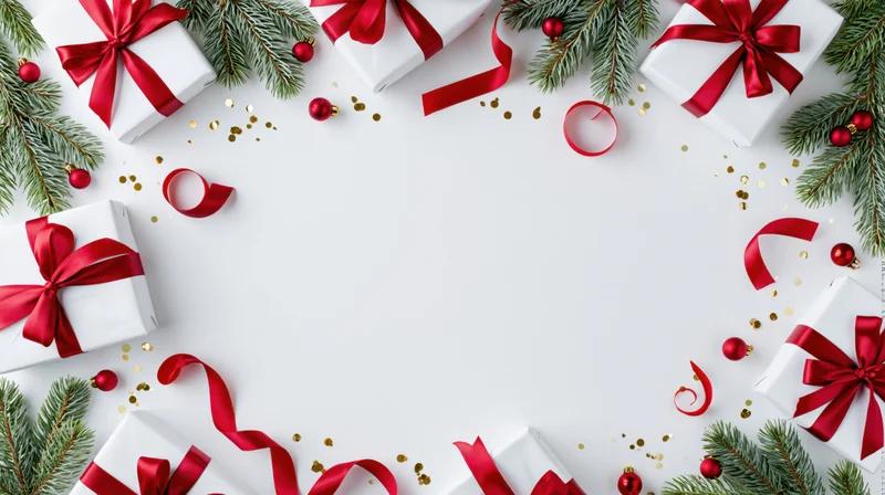 Christmas border frame with wrapped gifts, pine branches, red ribbons and ornaments on white background