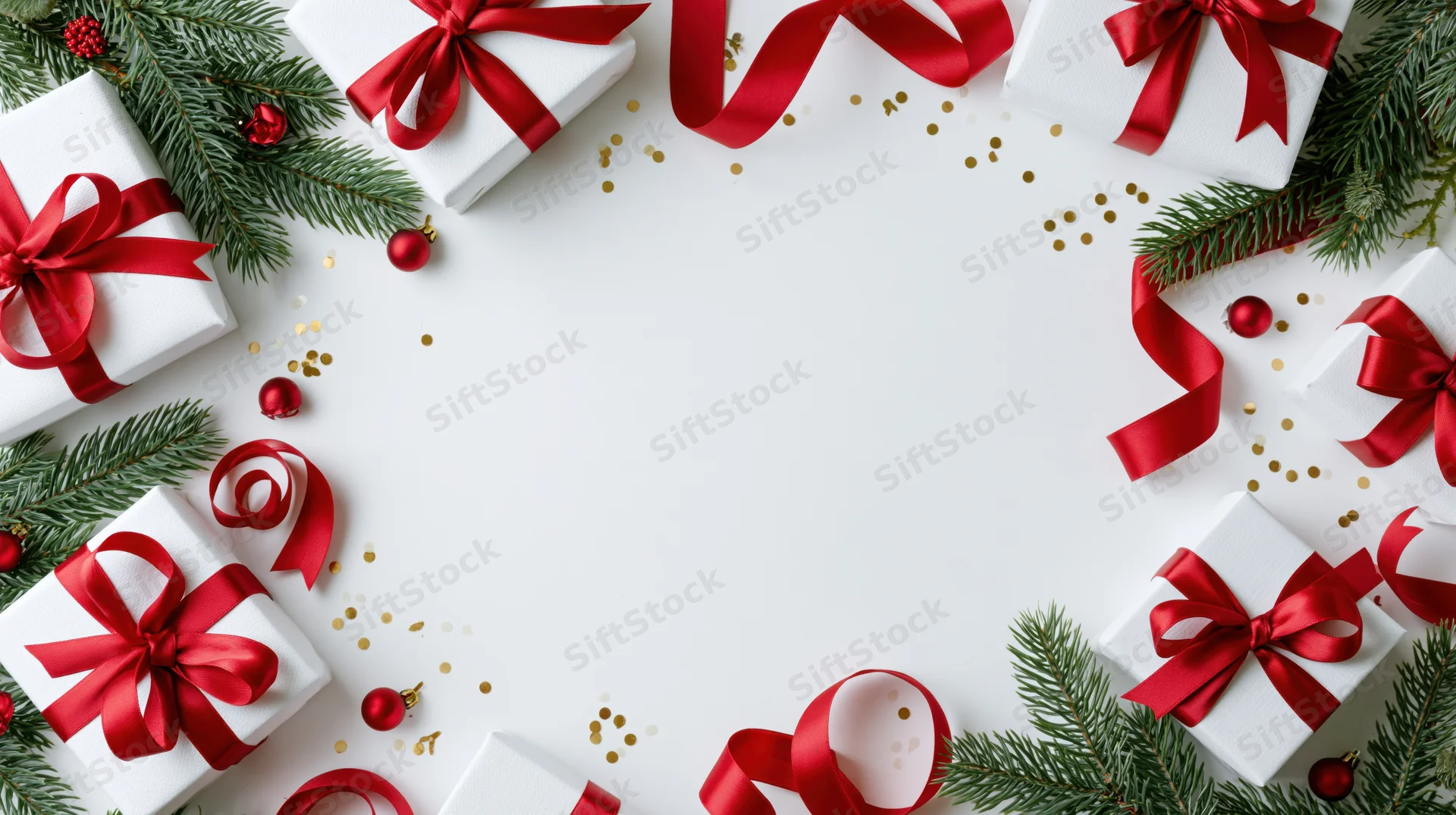 Christmas gift boxes with red ribbons and pine branches arranged in a border frame on white background