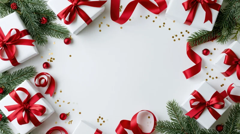 Christmas gift boxes with red ribbons and pine branches arranged in a border frame on white background