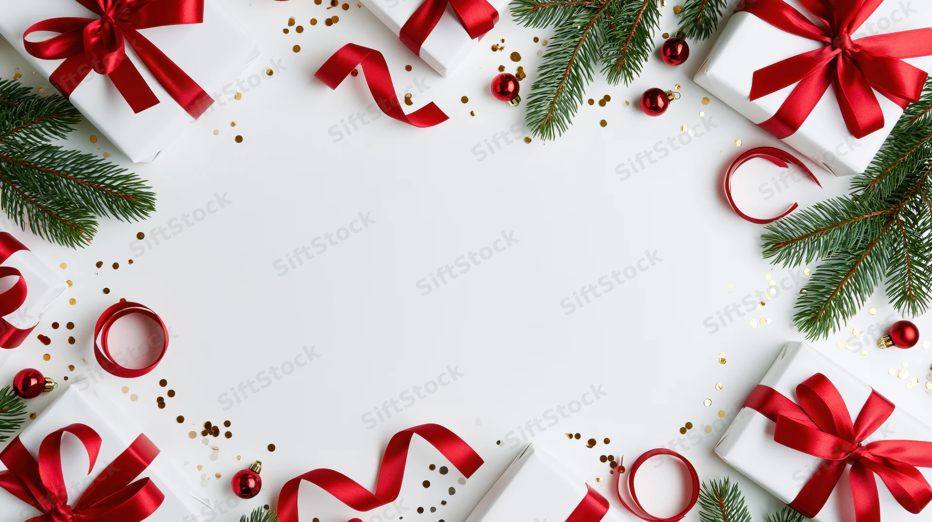 Christmas border frame with wrapped gifts, pine branches, red ribbons and ornaments on white background