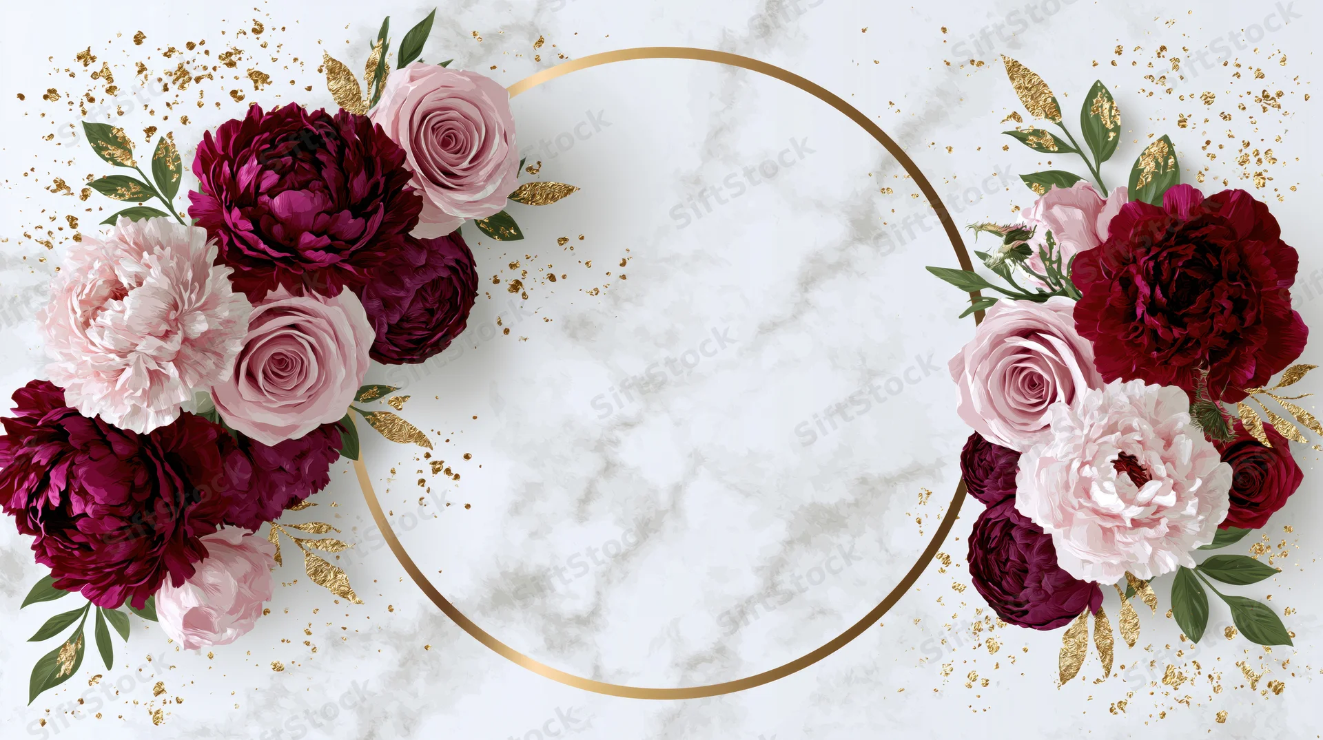 Floral arrangement with burgundy and pink peonies and roses around a gold circular frame on marble background