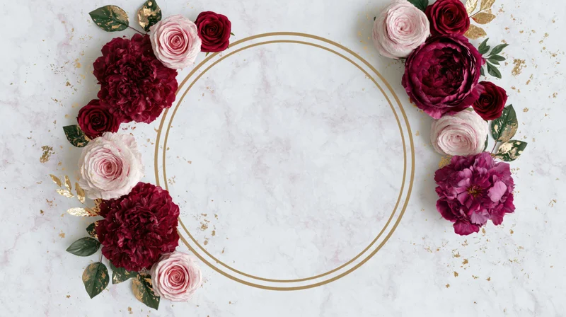Floral arrangement with burgundy and pink roses and peonies forming a circular wreath on a marble surface with gold accents and copyspace in the center