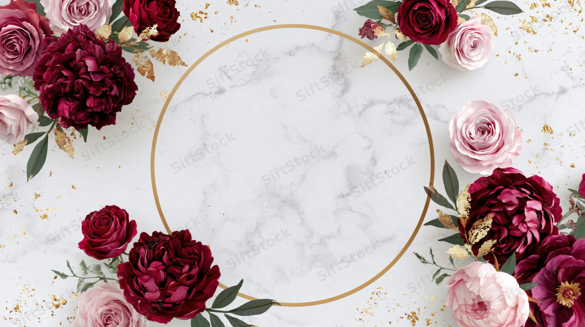 Floral arrangement with burgundy and pink roses around a gold circular frame on marble background