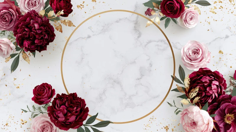 Floral arrangement with burgundy and pink roses around a gold circular frame on marble background