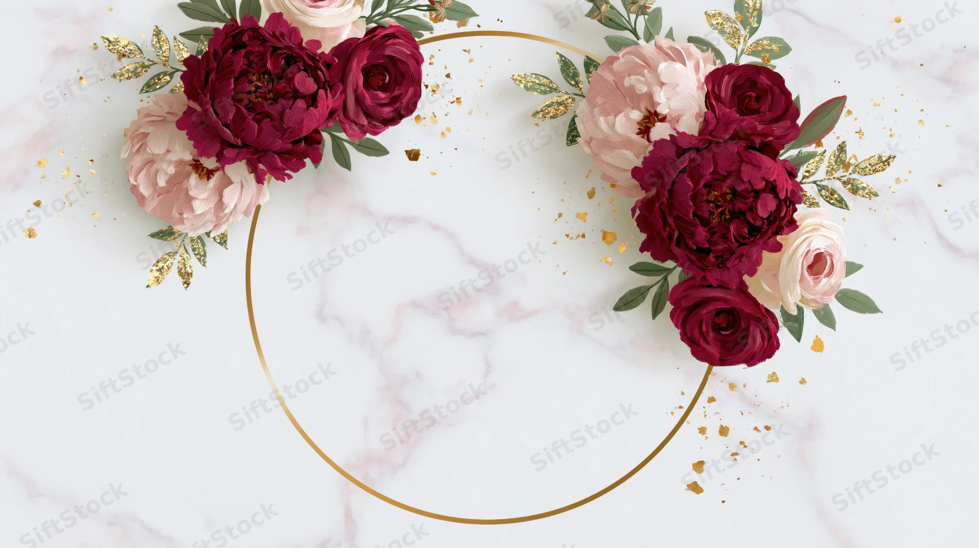 Floral arrangement with burgundy and pink peonies and roses on marble background framed by gold circle with copyspace