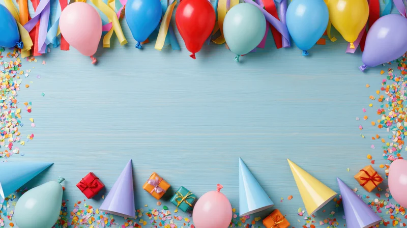Birthday party decorations arranged as a border frame on a blue wooden surface with copyspace in the center