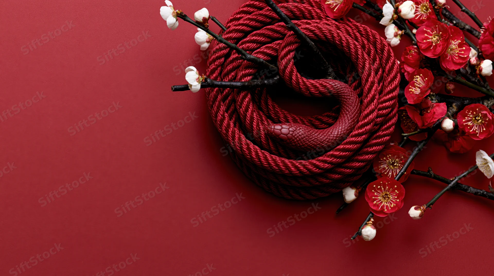 Coiled red rope snake nestled among plum blossoms on red background