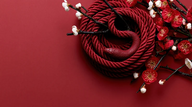 Coiled red rope snake nestled among plum blossoms on red background