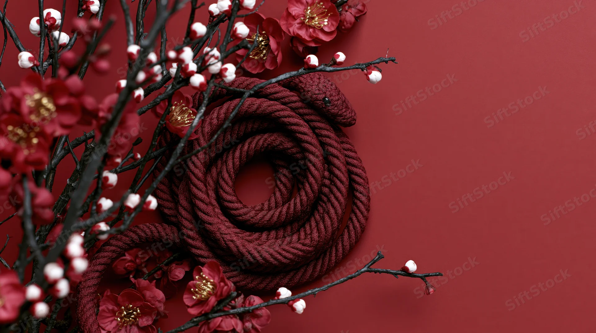 Coiled dark red rope shaped like a snake nestled among plum blossoms on a red background