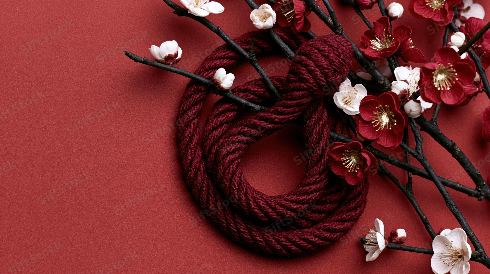 Coiled dark red rope arranged with plum blossoms on red surface
