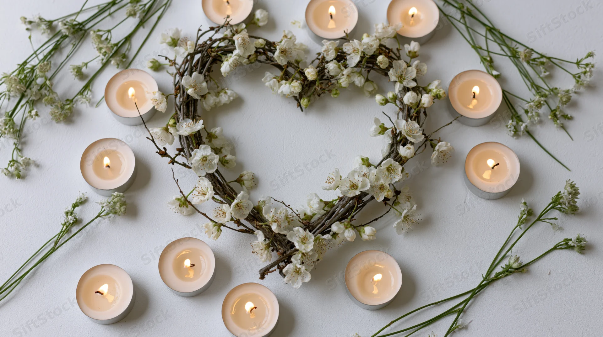 Heart-shaped floral wreath with lit candles arranged on white surface