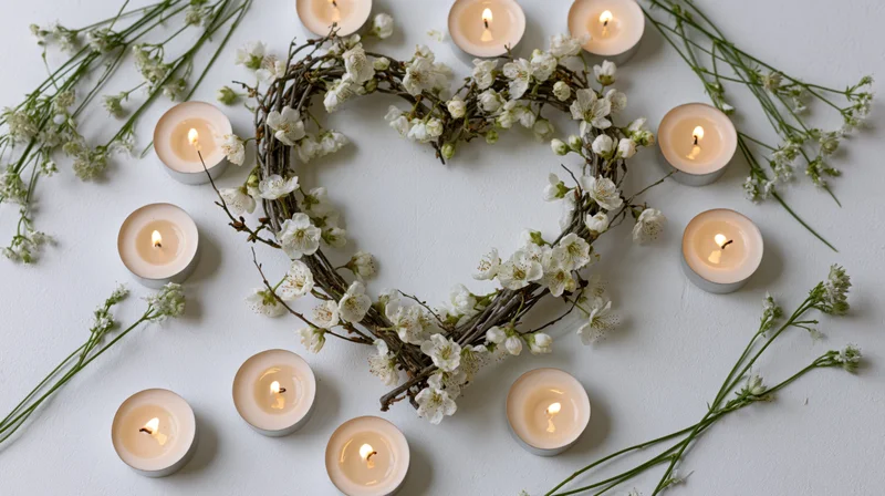 Heart-shaped floral wreath with lit candles arranged on white surface