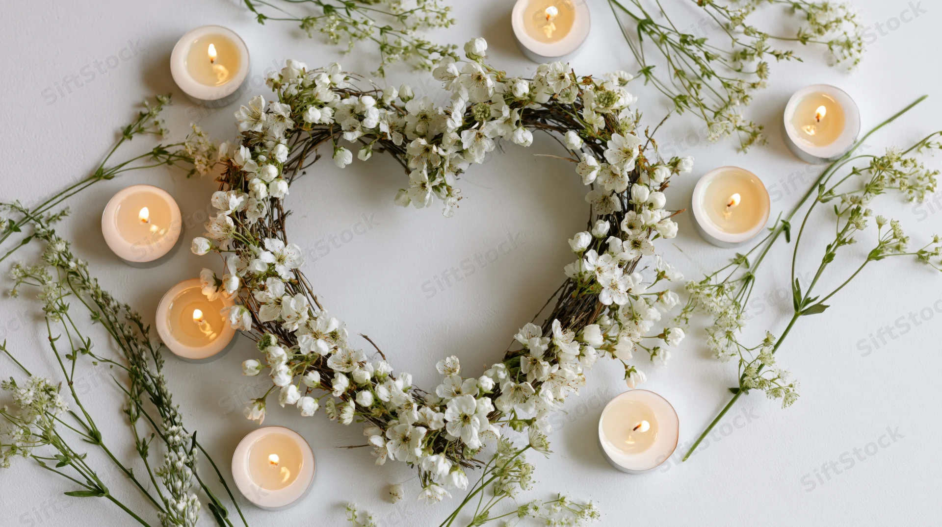 Heart-shaped floral wreath with lit candles and scattered blossoms on white surface