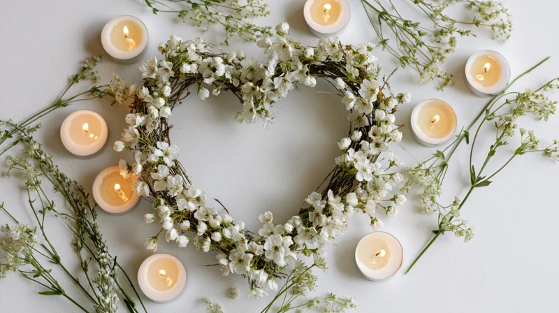 Heart-shaped floral wreath with lit candles and scattered blossoms on white surface