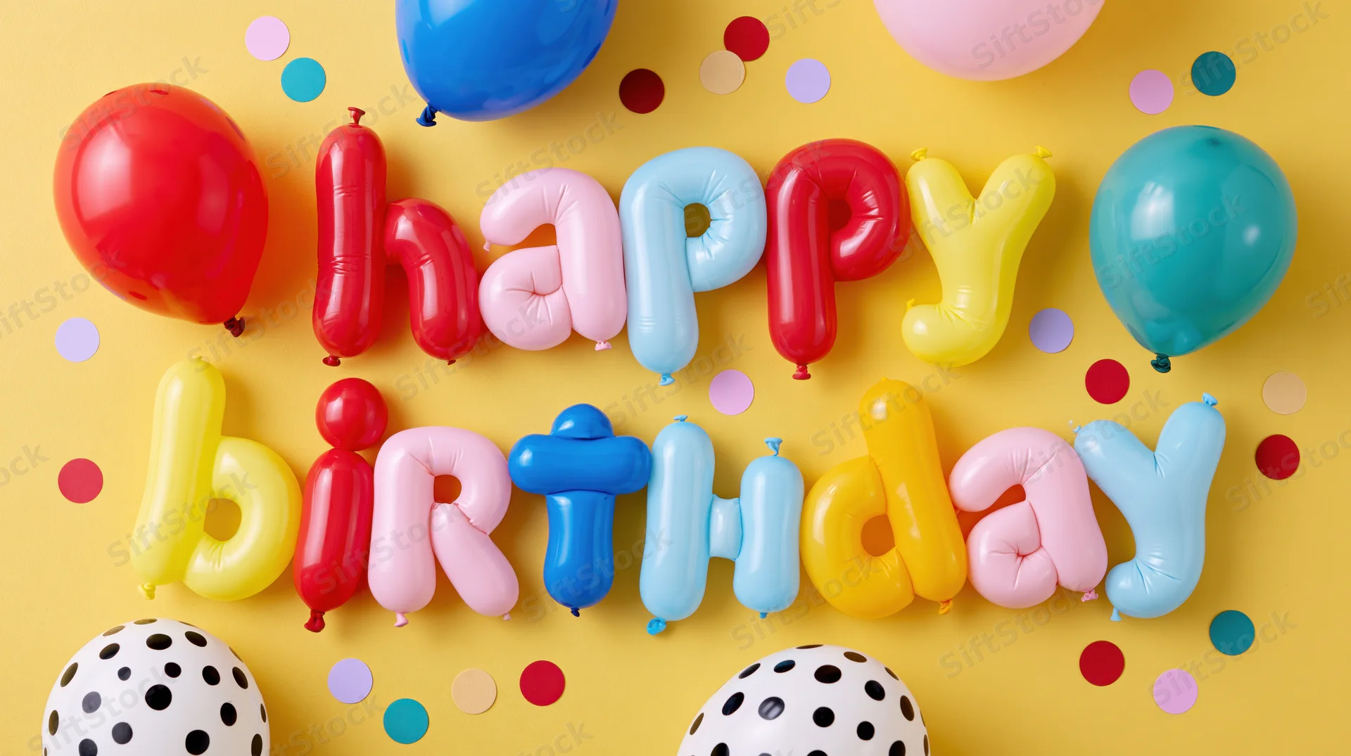 Colorful balloon letters spelling happy birthday on yellow surface with confetti and polka dot balloons