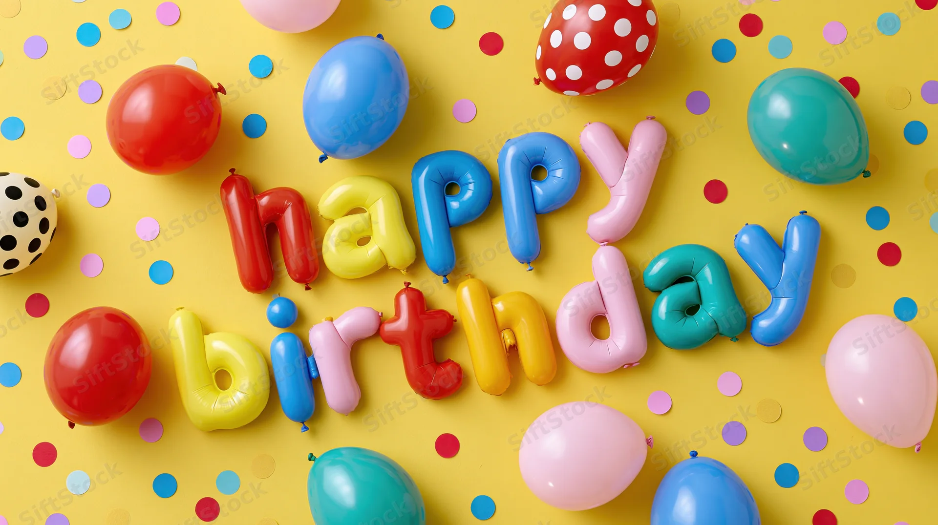 Colorful balloon letters spelling happy birthday on yellow background with confetti