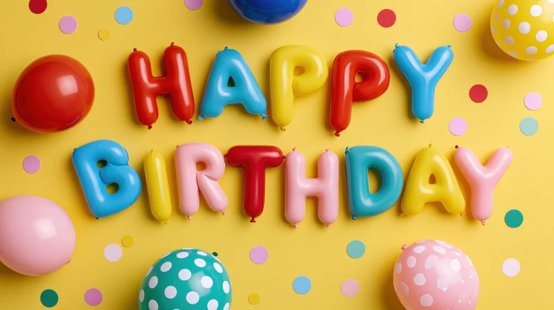 Colorful balloon letters spelling happy birthday on yellow surface with confetti
