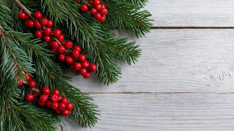 Evergreen fir branches with red berries arranged on a white wooden surface in a flat lay composition