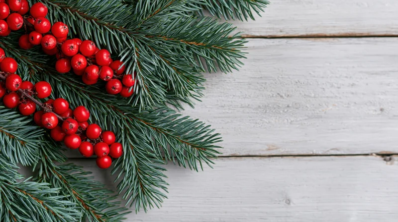 Evergreen fir branches with red berries arranged on a white wooden surface
