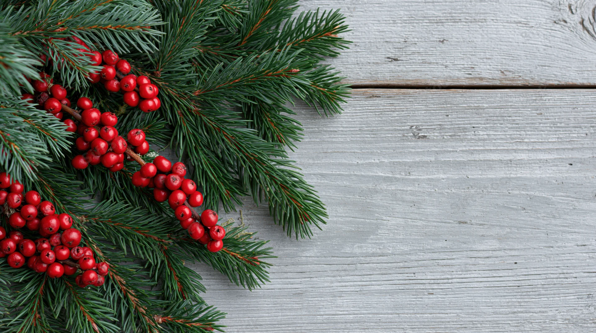 Evergreen fir branches with red berries arranged on a weathered gray wooden surface