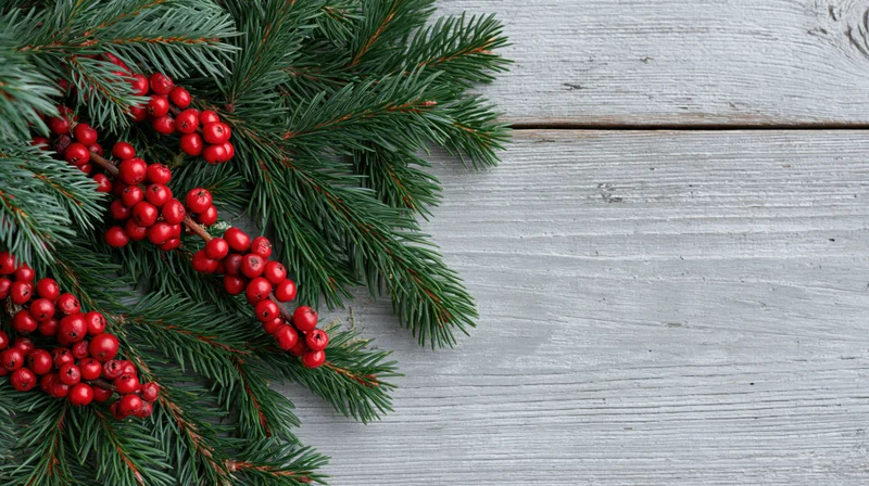 Evergreen fir branches with red berries arranged on a weathered gray wooden surface