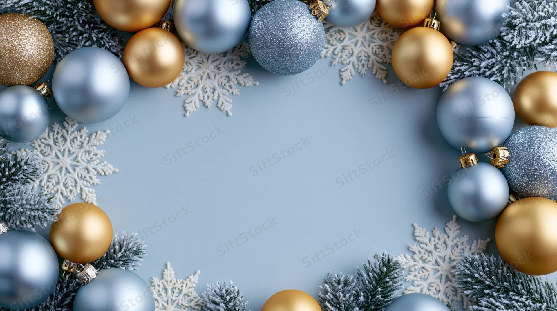 Silver and gold christmas ornaments arranged in a circular frame with snowflakes and frosted pine branches on a blue background, leaving central copyspace