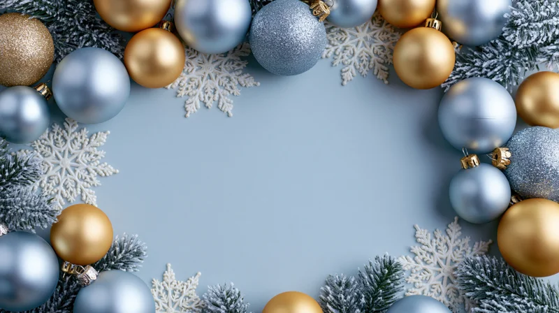 Silver and gold christmas ornaments arranged in a circular frame with snowflakes and frosted pine branches on a blue background, leaving central copyspace