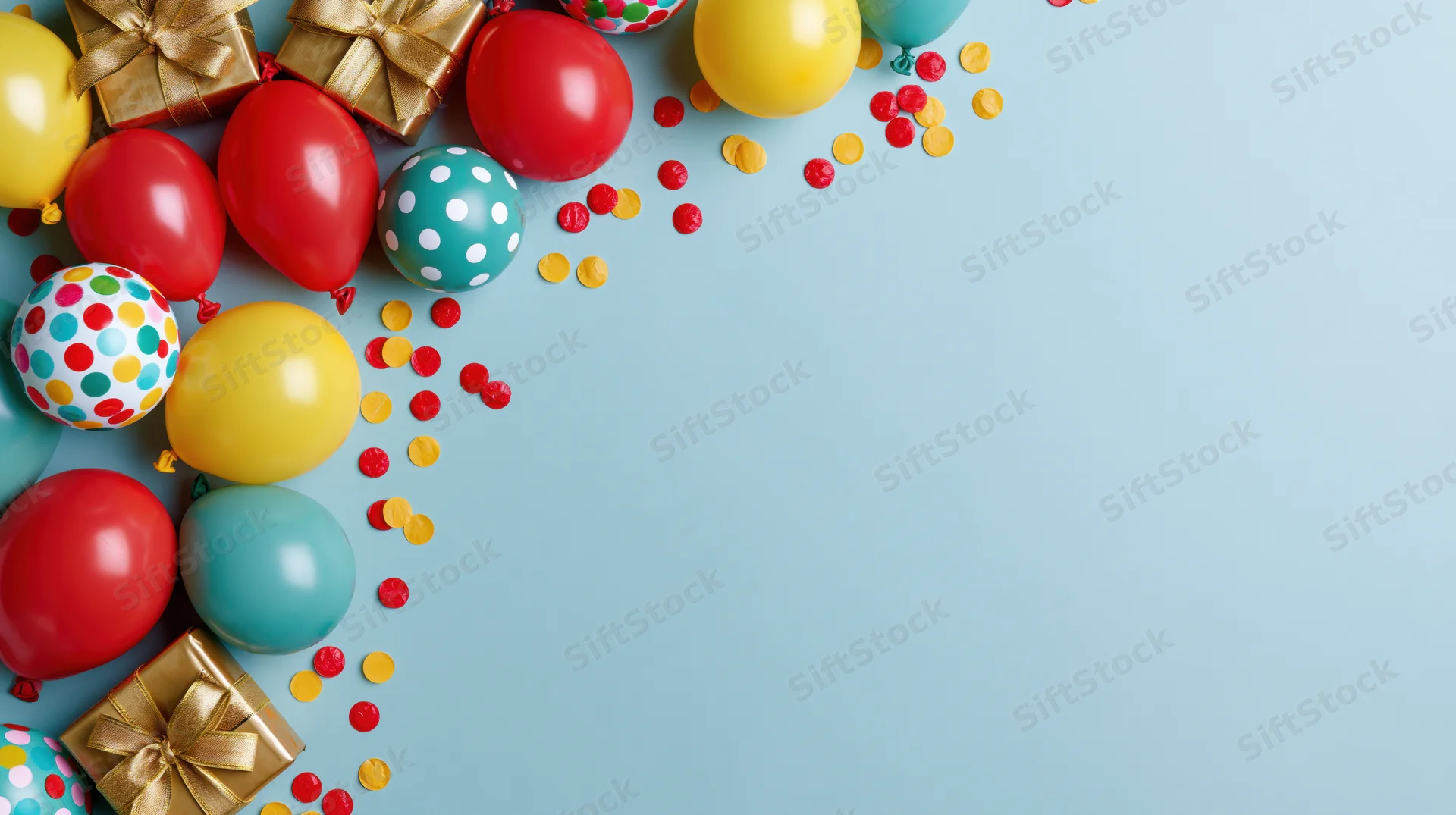 Colorful balloons and gifts arranged in corner on light blue surface with copyspace