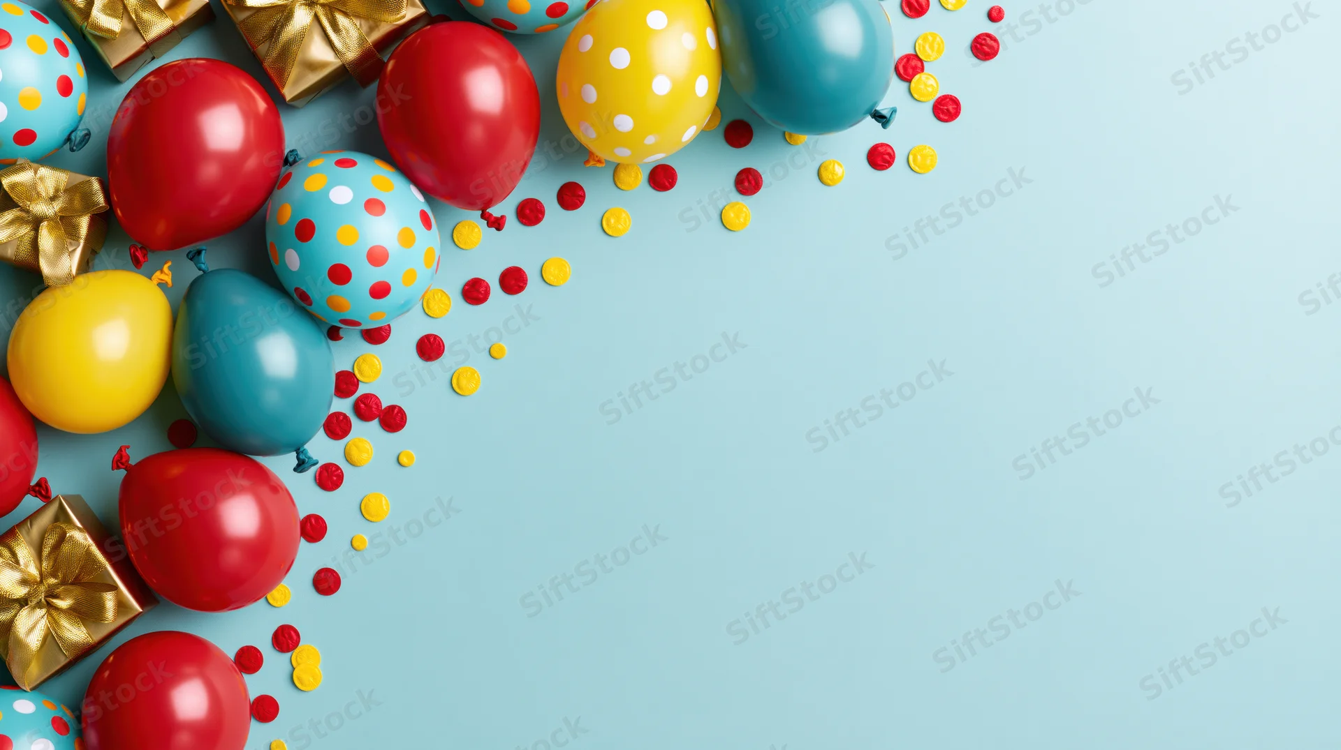 Colorful balloons and gifts arranged in corner on light blue surface with copyspace
